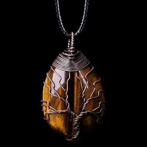 Jewelry - Tiger Eye Natural Gemstone Tree Of Life Copper Wire Wrap Pendant Necklace